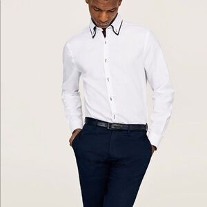 Zara Men's Crisp White Slim Fit Shirt with Black Accents Medium